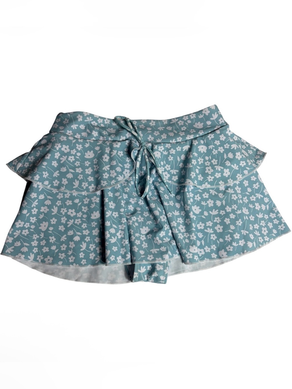 Pastel blue with white flowers tie front ruffle skirt bikini bottom size M